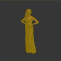 Elegant Woman Posing With Hands On Hips In Yellow Dress With Slit Against Gray Background