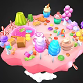 Colorful Sweet Treats Display on Pink Platform with Cupcakes Ice Cream Lollipops Cookies and Jelly