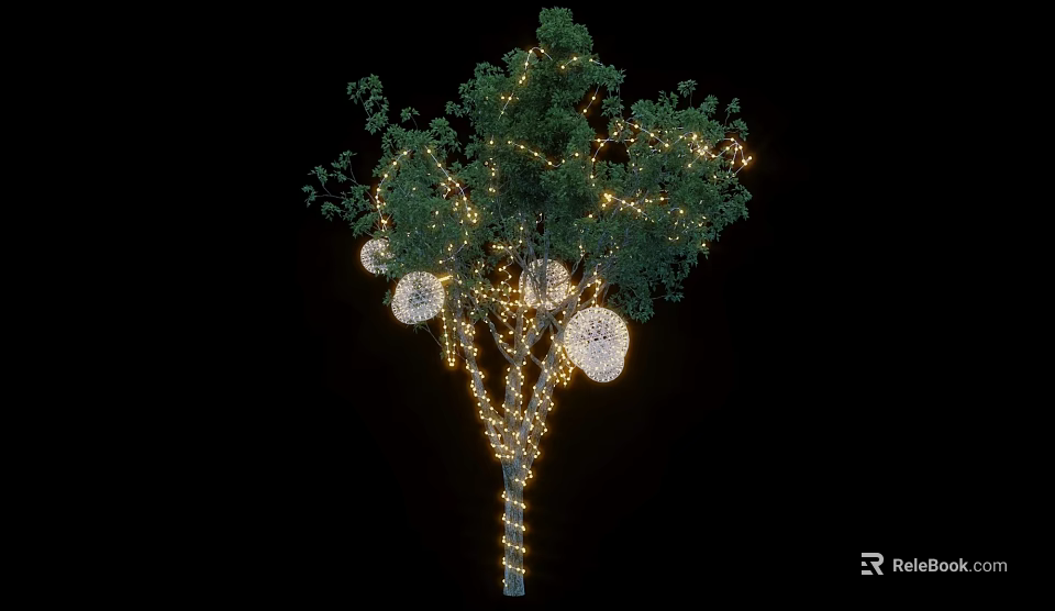 Elegant Spherical Chandeliers Decorating Tree With Warm String Lights On Black Background 3d model 