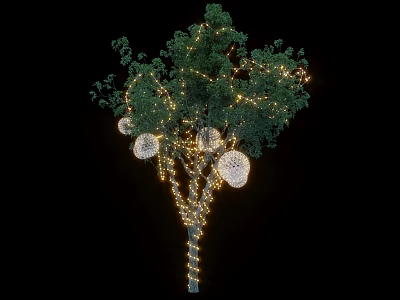 Elegant Spherical Chandeliers Decorating Tree With Warm String Lights On Black Background 3d model