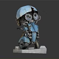 Blue Robot Figure With Large Mechanical Eyes And Worn Parts Standing On White Base