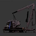 Weapon components being lifted by mechanical arm onto wooden pallet with dark background