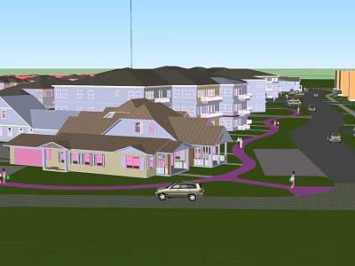 Modern Residential Neighborhood With Multiple Buildings Green Spaces Roads Parked Cars And Pedestrians 3d model