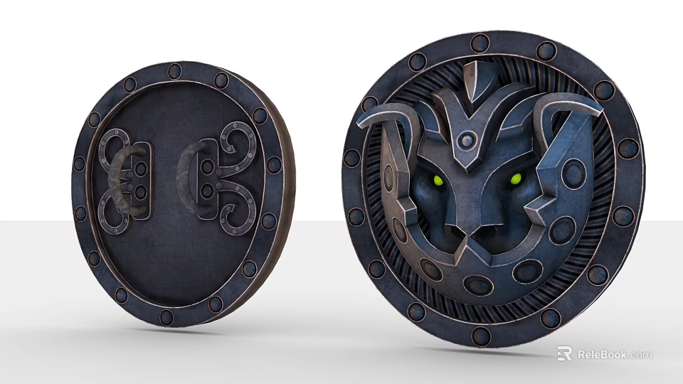 Two Decorative Metal Shields With Lion Head Design And Green Eyes 3d model 