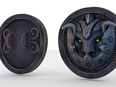 Two Decorative Metal Shields With Lion Head Design And Green Eyes 3d model
