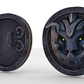 Two Decorative Metal Shields With Lion Head Design And Green Eyes