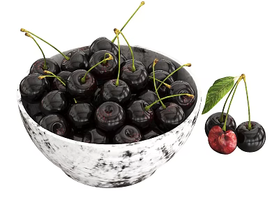 Ripe Black Cherries in White Speckled Bowl with Red Cherry and Green Leaf 3d model