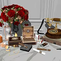 Vintage Decorative Ornament Set With Red Roses Vintage Telephone Cigars And Hourglass