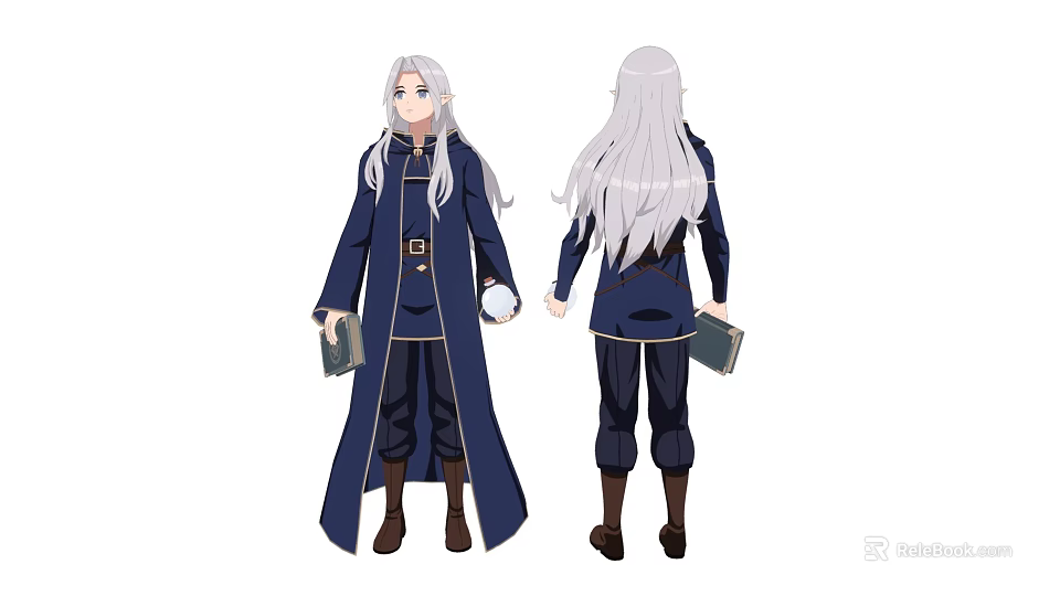 Elegant Man With Silver White Long Hair Wearing Dark Blue Robe Holding A Book 3d model 