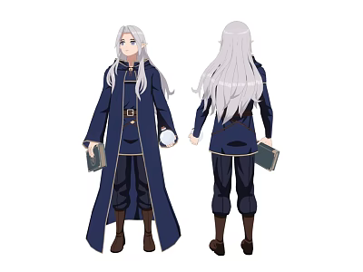 Elegant Man With Silver White Long Hair Wearing Dark Blue Robe Holding A Book 3d model