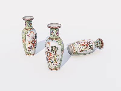 Three Traditional Ceramic Vases with Colorful Hand-Painted Patterns and Intricate Designs 3d model