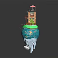 Colorful Cartoon Floating Island Scene With House Umbrella Slide And Underwater Fish