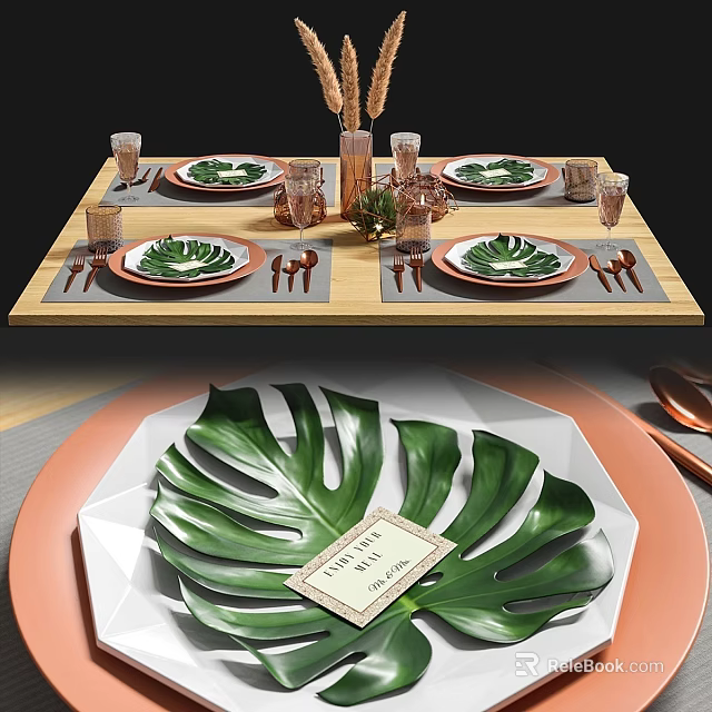 Elegant Dining Table Setup With Leaf Pattern Plates Copper Cutlery And Glass Cups 3d model 