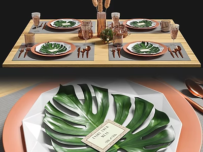 Elegant Dining Table Setup With Leaf Pattern Plates Copper Cutlery And Glass Cups 3d model