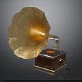 Vintage Gramophone With Ornate Brass Horn And Wooden Turntable Body