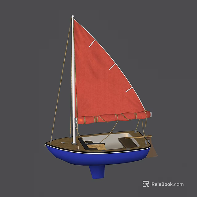 Small Sailboat With Red Sail White Lines Blue Bottom And Brown Hull 3d model 