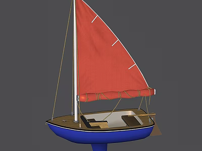 Small Sailboat With Red Sail White Lines Blue Bottom And Brown Hull 3d model