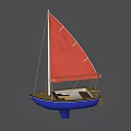 Small Sailboat With Red Sail White Lines Blue Bottom And Brown Hull