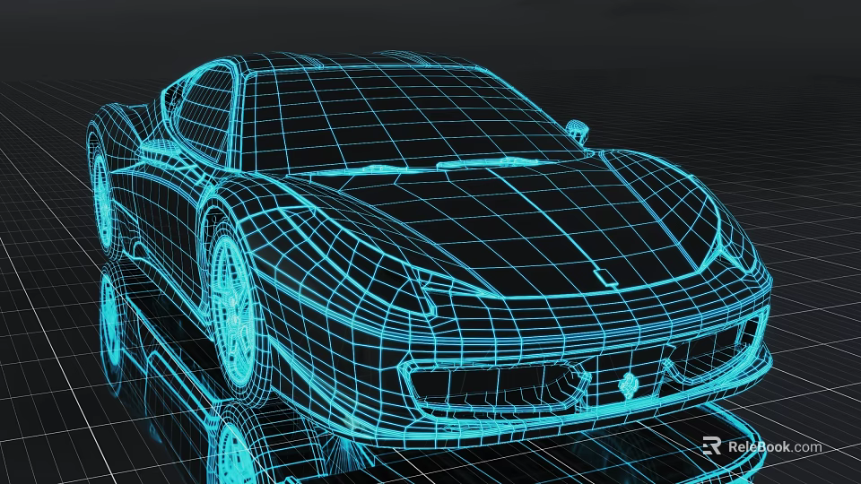 3D Wireframe Model of Sports Car with Blue Outline and Detailed Digital Design Rendering 3d model 