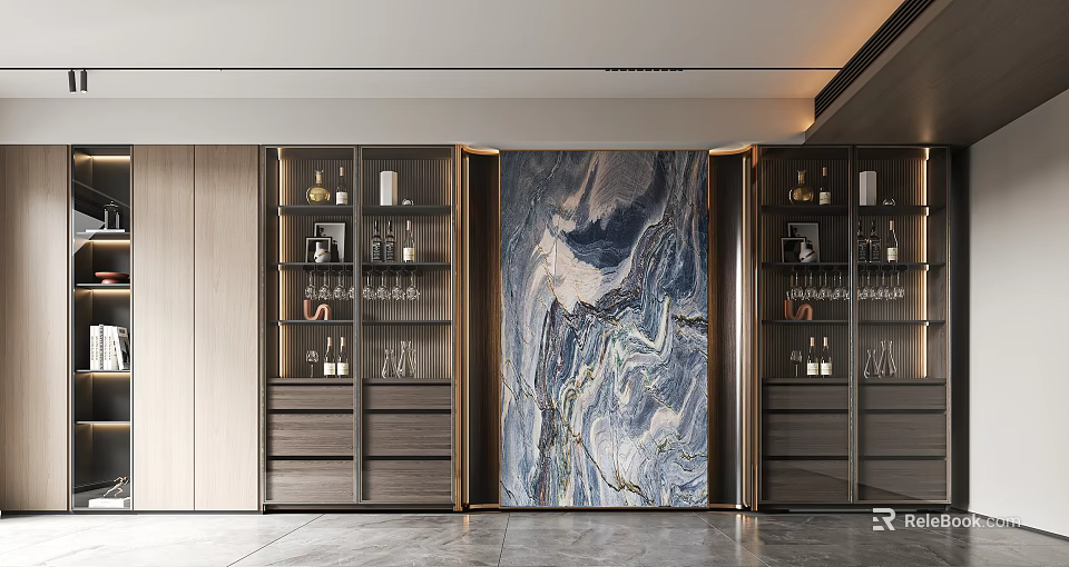 Modern Luxury Wine Cabinet Interior With Glass Shelves Wine Bottles And Marble Backdrop 3d model 