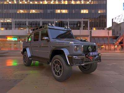 Dark Gray Off Road SUV With Large Tires And Roof Rack In Urban Night Scene 3d model