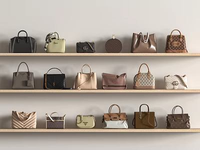 Multiple Stylish Handbags In Various Colors And Styles Displayed On Wooden Shelves 3d model