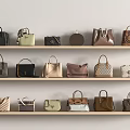 Multiple Stylish Handbags In Various Colors And Styles Displayed On Wooden Shelves