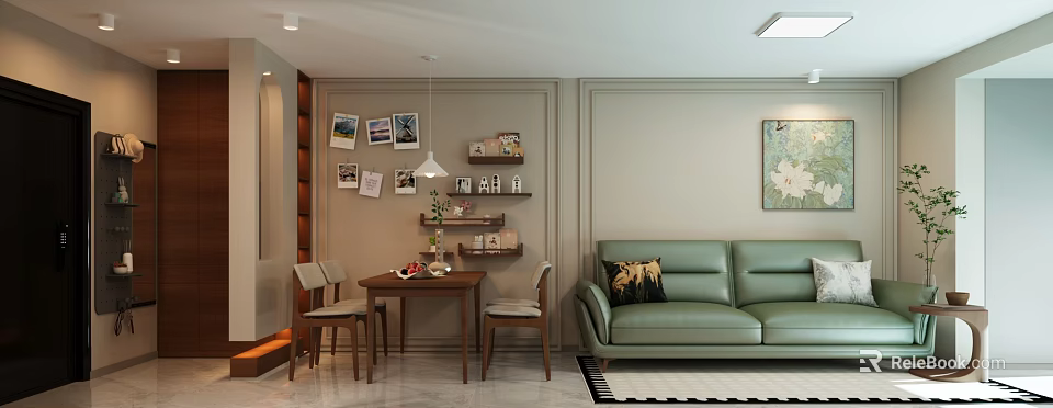 Warm Elegant Open Living And Dining Room With Green Leather Sofa And Classic Wooden Furniture 3d model 