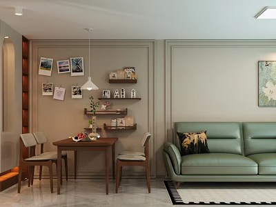 Warm Elegant Open Living And Dining Room With Green Leather Sofa And Classic Wooden Furniture 3d model