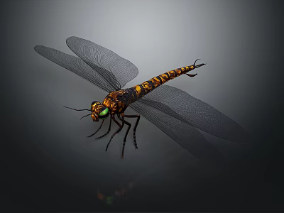 Detailed View Dragonfly With Black Orange Striped Body Green Eyes And Transparent Wings 3d model