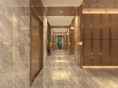 Modern Luxury Hallway Interior With Marble Floor Wooden Walls And Lighting Design 3d model