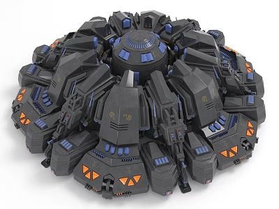 Futuristic Circular Mechanical Structure With Black Modules Blue And Orange Details 3d model