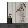 Traditional Chinese Screen Design with Pine Tree Pattern Beige Background LED Lighting and Decorative Vase 3d model