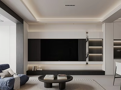 Modern Living Room Interior With Black TV Wall Shelves Blue Sofa And Round Coffee Table 3d model