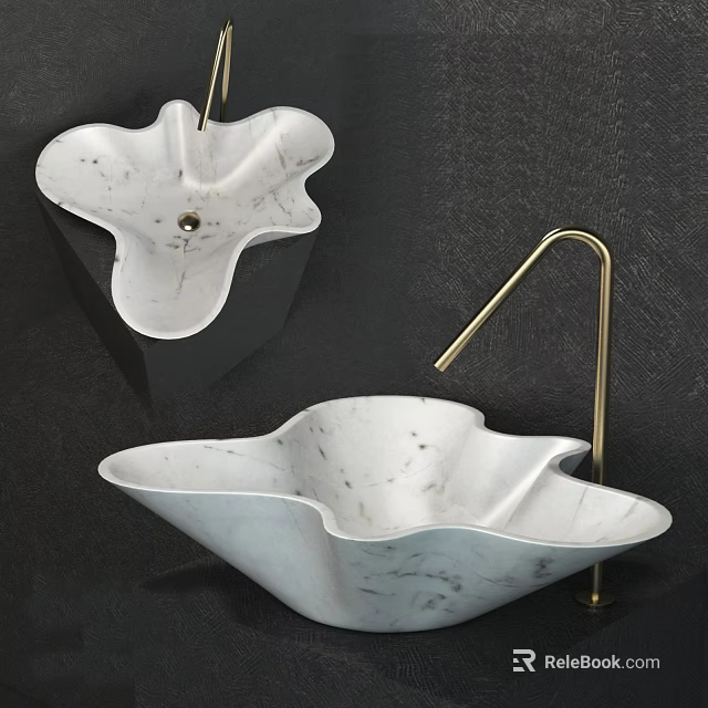 Modern Irregular Shape White Marble Bathroom Sink with Gold Curved Faucet on Black Background 3d model 