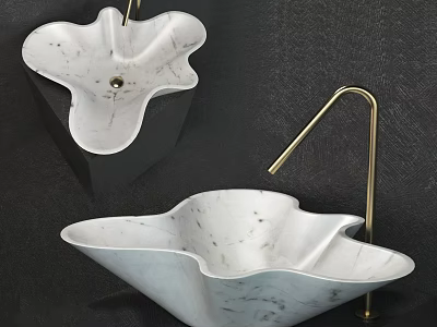 Modern Irregular Shape White Marble Bathroom Sink with Gold Curved Faucet on Black Background 3d model