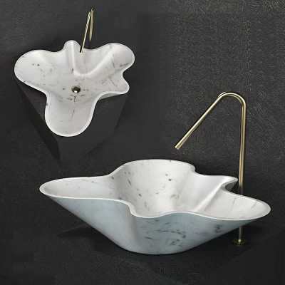 Modern Irregular Shape White Marble Bathroom Sink with Gold Curved Faucet on Black Background 3d model