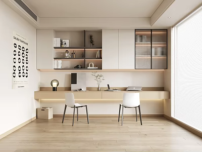 Modern Study Room Interior Design With Open Bookshelves Light Desk White Chairs And Blinds 3d model
