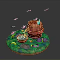 Vibrant Garden Scene With Red Bucket Water Basin Green Grass Small Flowers And Butterflies
