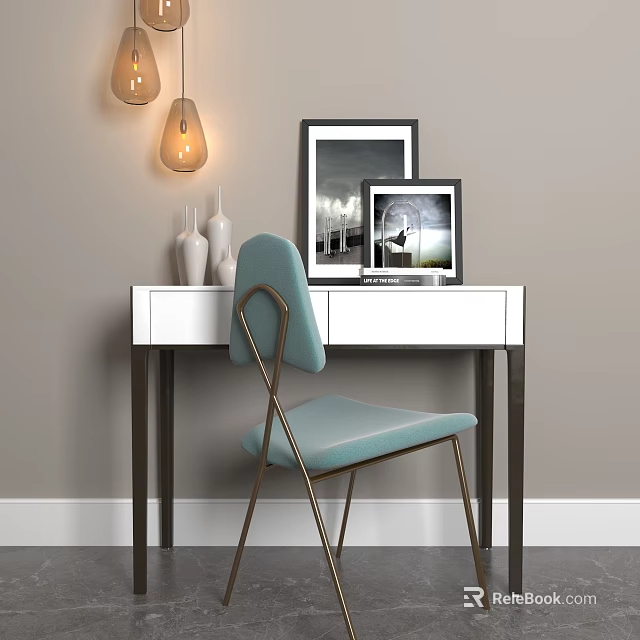 Stylish White Desk With Light Blue Chair Gold Metal Frame Vases Frames And Pendant Lights 3d model 