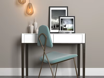 Stylish White Desk With Light Blue Chair Gold Metal Frame Vases Frames And Pendant Lights 3d model