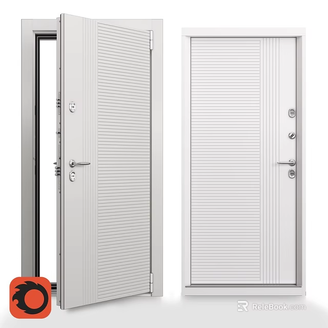 Modern White Interior Swing Door With Ribbed Panel And Door Lock 3d model 