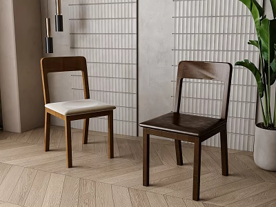 Modern Brown Wooden Dining Chairs With Straight Back Design On Wicker Wall And Wooden Floor 3d model