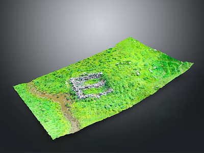 Green Terrain Model With Grass Covered Surface And White E Shaped Structure 3d model
