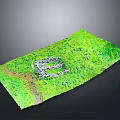 Green Terrain Model With Grass Covered Surface And White E Shaped Structure