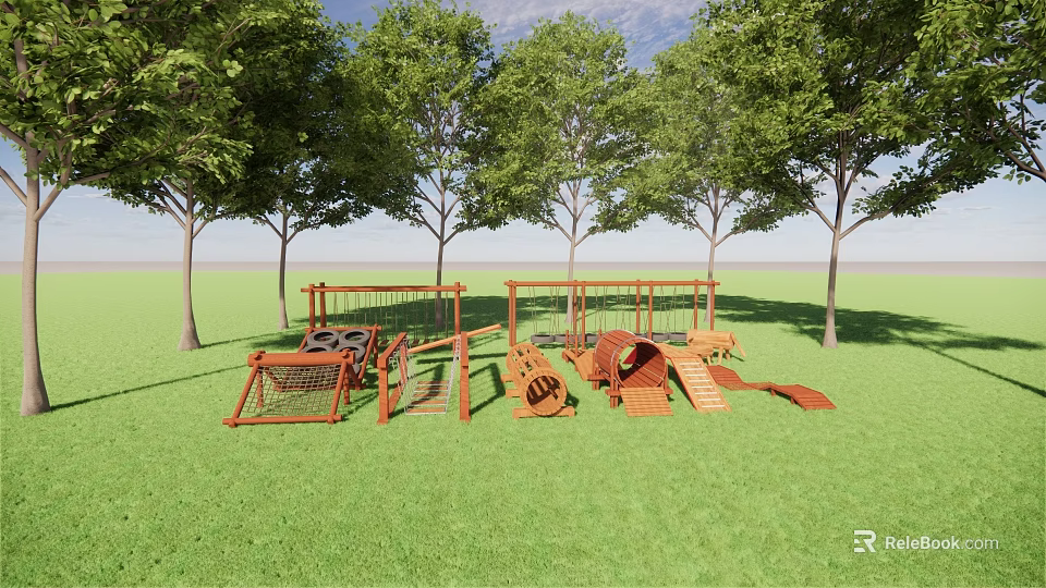 Outdoor Wooden Playground Equipment With Climbing Structures And Slides In Grass Area 3d model 