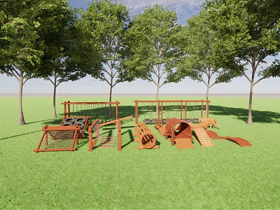Outdoor Wooden Playground Equipment With Climbing Structures And Slides In Grass Area 3d model