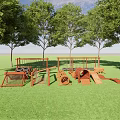 Outdoor Wooden Playground Equipment With Climbing Structures And Slides In Grass Area
