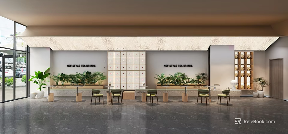 Modern Luxury Cafe Interior Design With Grid Wall Green Plants And Chairs 3d model 