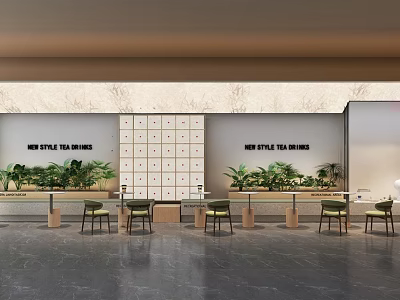 Modern Luxury Cafe Interior Design With Grid Wall Green Plants And Chairs 3d model